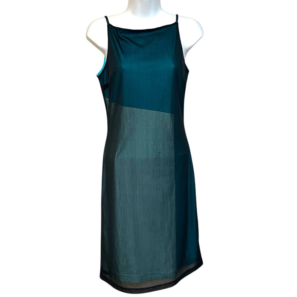 Y2K vintage express color block sheath dress mesh overlay square neckline 1999